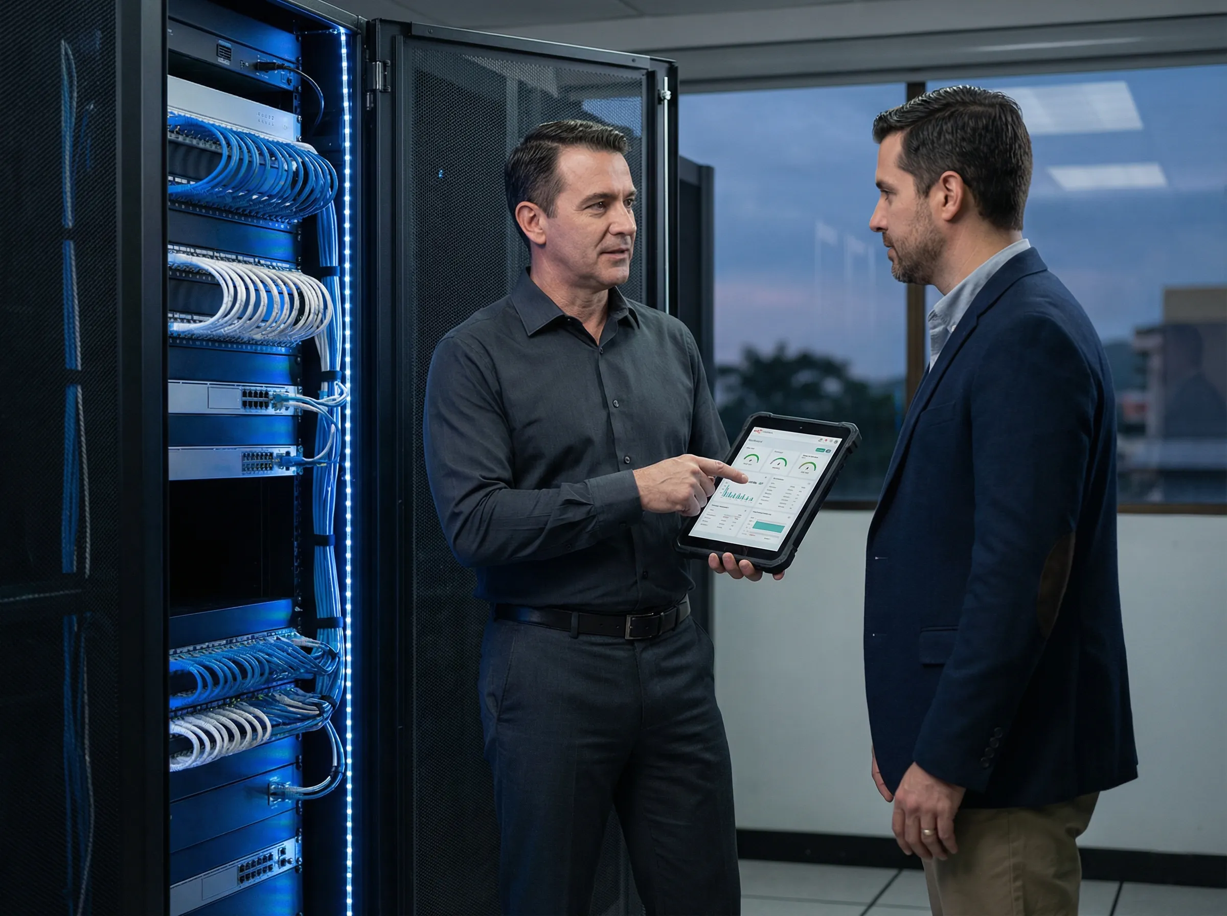 Socio de Ingeniería de Éxito: Ingeniero Senior de TechNicServ explicando dashboard de automatización n8n y estado de cableado estructurado optimizado a cliente corporativo en Costa Rica.